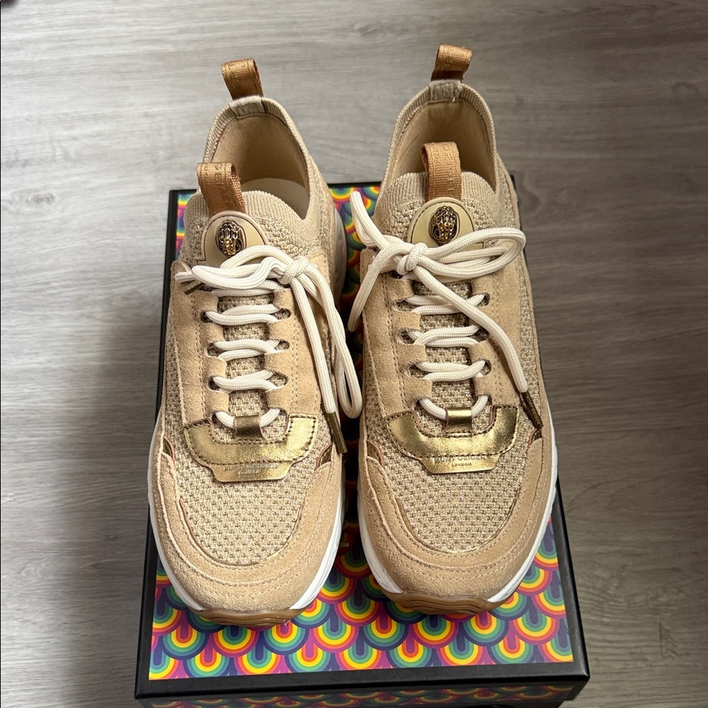 Kurt Geiger Beige Gold Accent Knit Sneakers